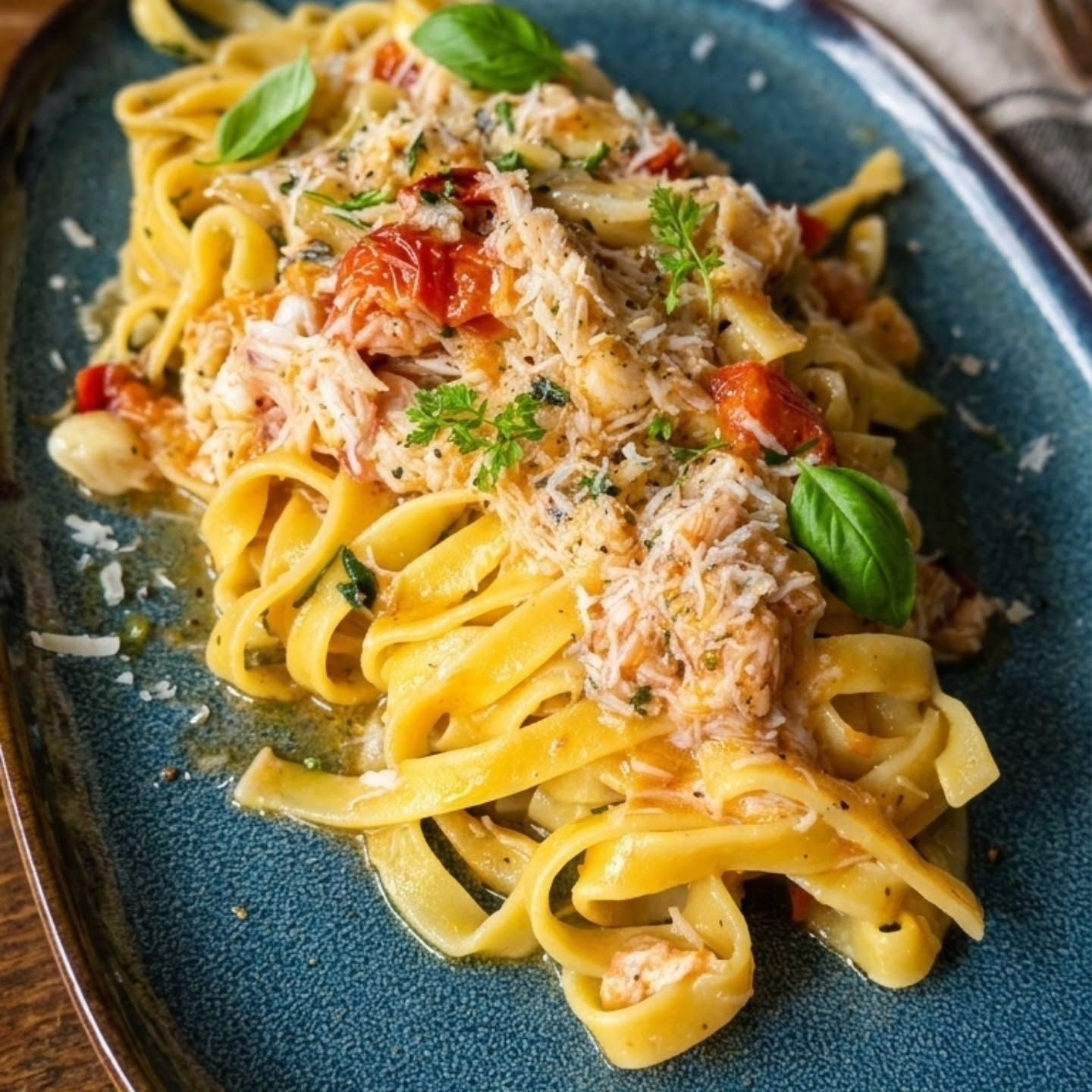 Tagliatelle with crab, cherry tomato and fresh basil on a blue ceramic plate